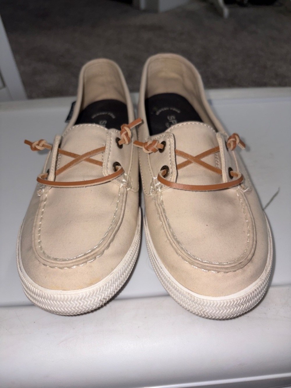Sperry Cream Moccasin Boat Shoes with Tan Laces
